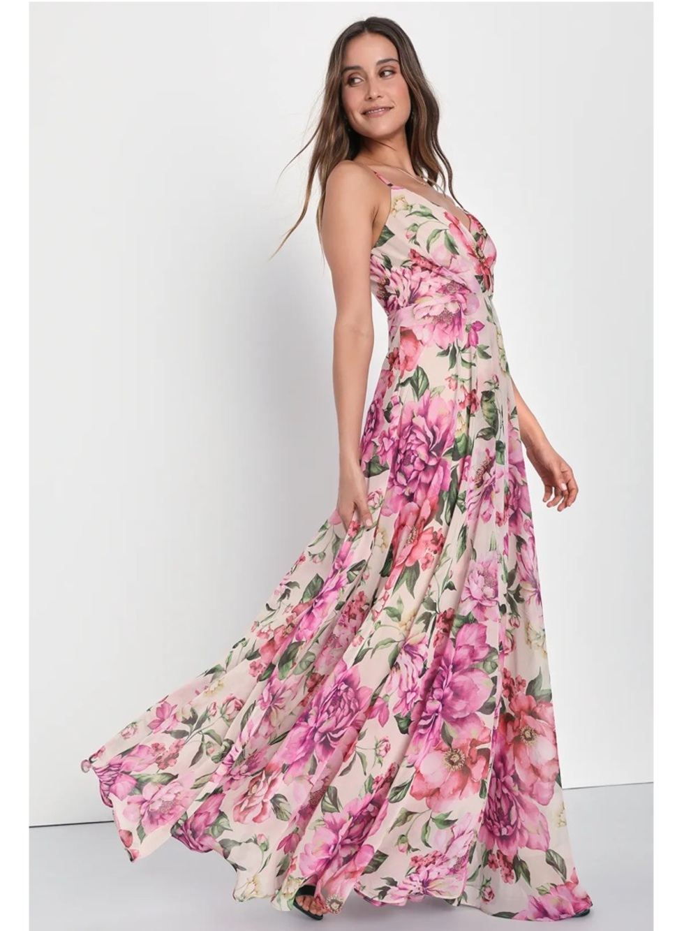 Lulus Seasons of Love Blush Pink Floral Print Surplice V‑Neck Maxi Dress NWT XS
